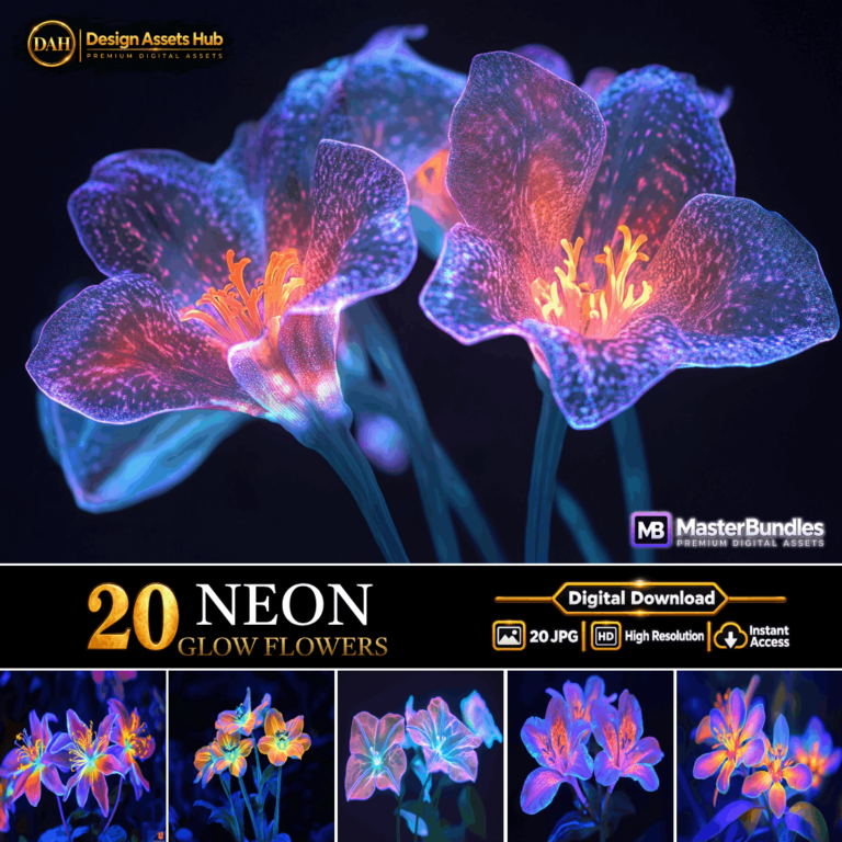 Neon Glow Flowers Digital Backgrounds - 20 High-Resolution Luminous Tropical Art Files for Creative Designs cover image.