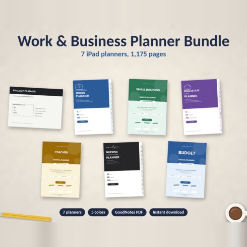 Work and Business Planner Bundle for GoodNotes, 7 Hyperlinked iPad Planners in 5 Colors cover image.