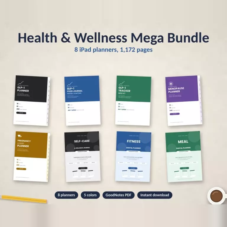 Health and Wellness Planner Bundle for GoodNotes: GLP-1, Menopause, Pregnancy, Fitness, Meal, Self-Care cover image.