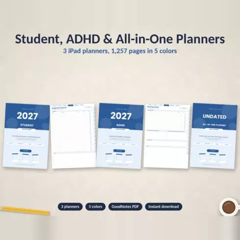 Student, ADHD and All-in-One Digital Planner Bundle for GoodNotes: 2027 Daily Weekly Monthly Planners, Undated Planner cover image.