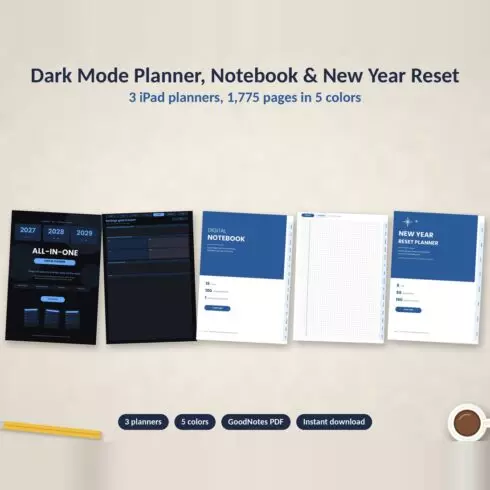 Dark Mode Planner 2027-2029, Digital Notebook and New Year Reset Planner Bundle for GoodNotes iPad cover image.