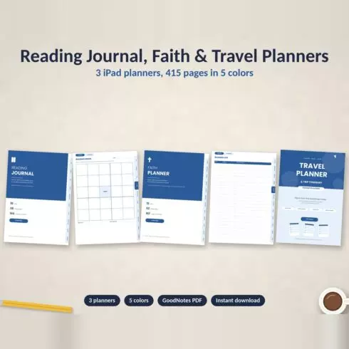 Reading Journal, Faith Planner and Travel Planner Bundle for GoodNotes: Book Reviews, Prayer Journal, Trip Itinerary cover image.