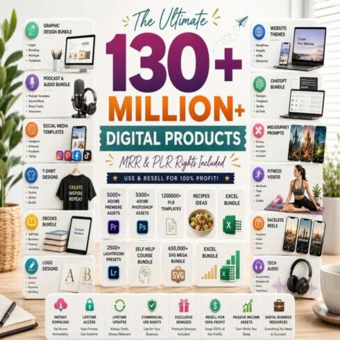 130 Million+ PLR MRR Digital Products Master Resell Rights Bundle Commercial Use Templates eBooks Printables Passive Income Digital Crop cover image.