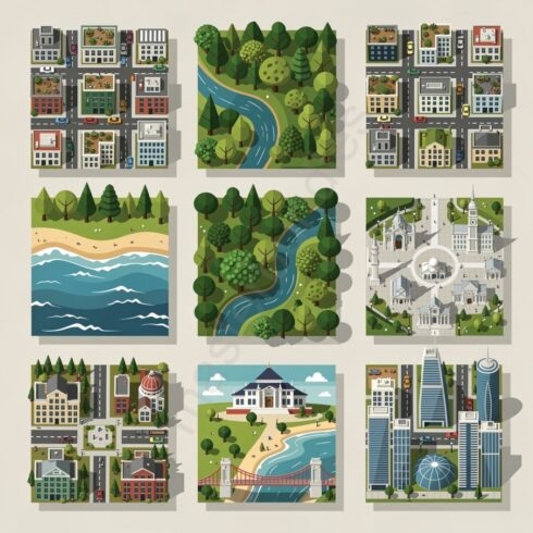 30+ Top View Vector Illustrations – Diverse Urban Landscapes, City Scenes & Aerial View Elements for Design cover image.