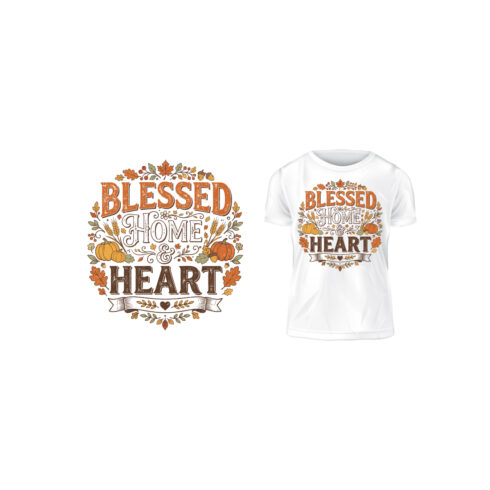Blessed Home and Heart Autumn Thanksgiving Typography T-Shirt Design Vector cover image.