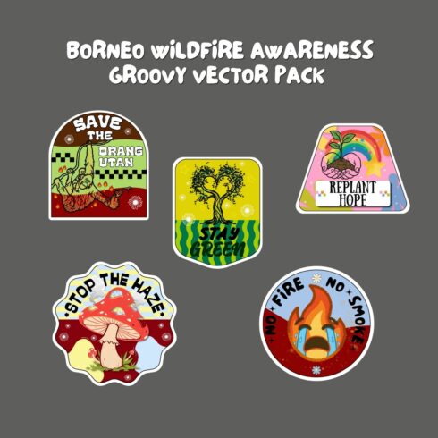 Hippie Eco Stickers: Borneo Wildfire Awareness Groovy Vector Pack cover image.