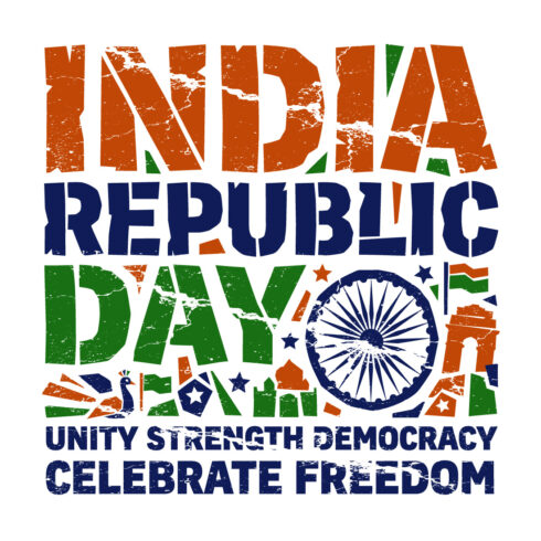 India Republic Day Grunge Typography Vector Design with Ashoka Chakra and National Monuments cover image.