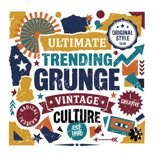 Ultimate Trending Grunge Vintage Culture 1980s Retro Typography Collage Vector Design cover image.