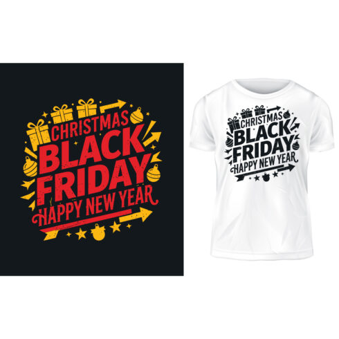 Christmas Black Friday Happy New Year Vintage Grunge Typography T-Shirt Vector Design Template with Gifts and Ornaments cover image.