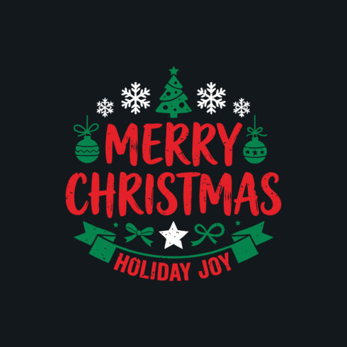 Merry Christmas Holiday Joy Festive Typography T-Shirt Vector Design Template with Tree and Snowflakes cover image.