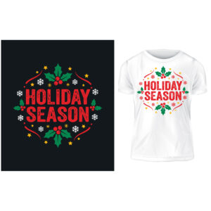 Merry Christmas Holiday Joy Festive Typography T-Shirt Vector Design Template with Tree and Snowflakes cover image.