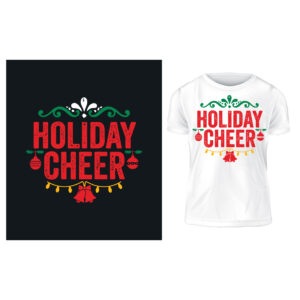 Holiday Cheer Vintage Christmas Typography T-Shirt Vector Design Template with Ornaments and Bells cover image.