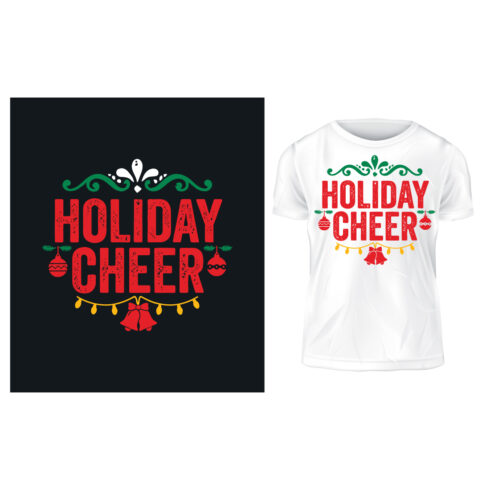 Holiday Cheer Vintage Christmas Typography T-Shirt Vector Design Template with Ornaments and Bells cover image.
