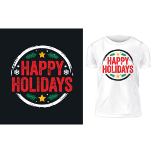 Happy Holidays Distressed Circular Badge Typography T-Shirt Vector Design Template cover image.