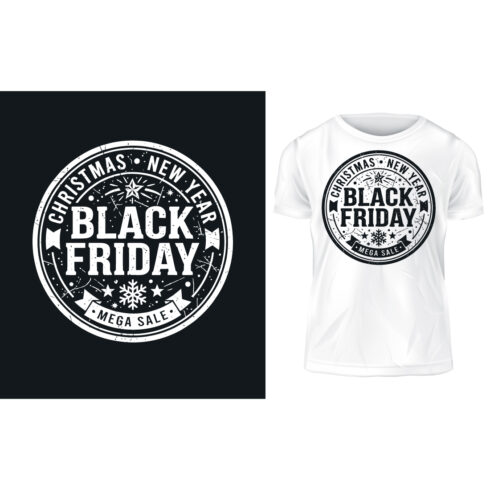 Christmas Black Friday Happy New Year Vintage Grunge Typography T-Shirt Vector Design Template with Gifts and Ornaments cover image.