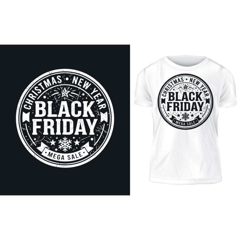 Christmas Black Friday Happy New Year Vintage Grunge Typography T-Shirt Vector Design Template with Gifts and Ornaments cover image.