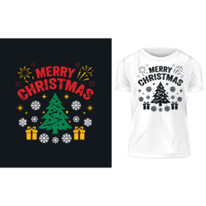 Happy New Year Black Friday Christmas Sale Vintage Typography T-Shirt Vector Design Template with Ribbon and Fireworks cover image.