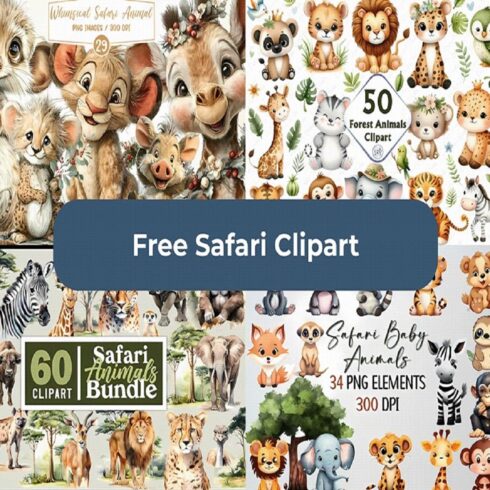 Free Safari Animals Clipart Bundle โ Cute Watercolor Jungle & Wild Animal PNG Graphics cover image.