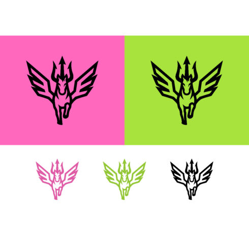 Winged horse logo design pink and green backgrounds cover image.