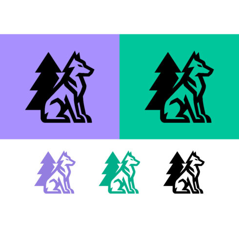 Sitting wolf next to pine trees logo cover image.