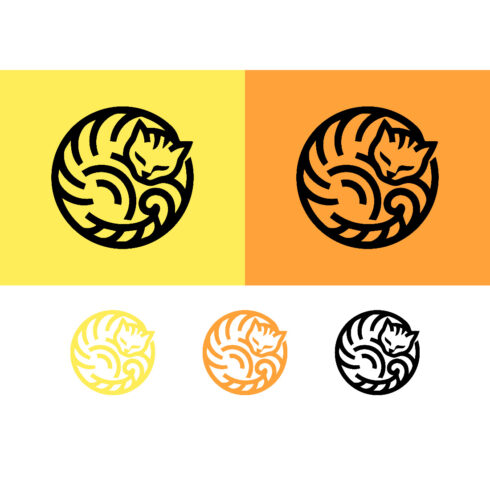 Sleeping cat in circle logo on yellow and orange cover image.