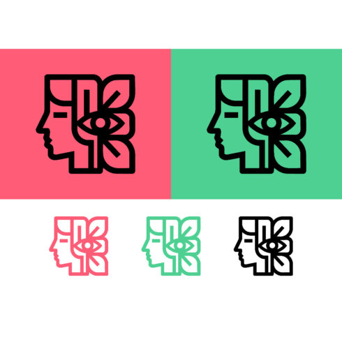 Profile face and eye logo design on pink and green cover image.