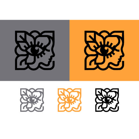 Face and flower eye logo design on gray and orange cover image.