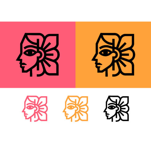Profile face and flower logo design on pink and orange cover image.