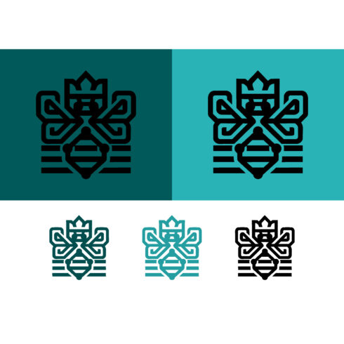 Modern bee emblem with stripes on teal background cover image.