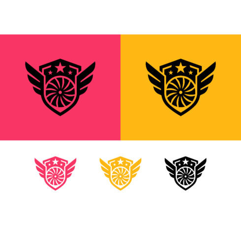 Shield badge logo design with fan on pink cover image.