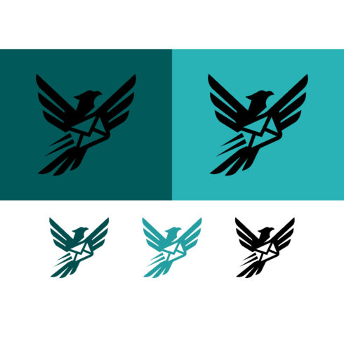 Black eagle logo with mail symbol on teal cover image.