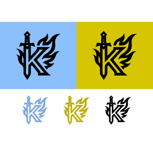 Letter k logo with sword emblem fire esports icon cover image.