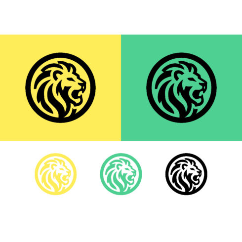Lion head logo design on yellow and green backgrounds cover image.