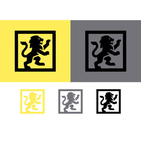 Lion inside square logo design on yellow and grey cover image.