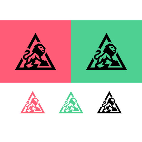 Lion in triangle logo design on pink and green cover image.