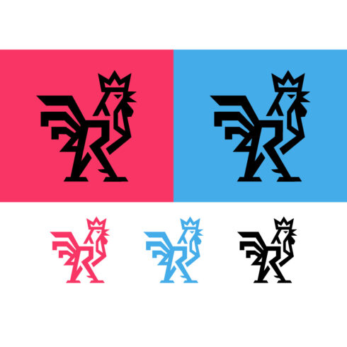 Abstract rooster logo with crown on pink cover image.