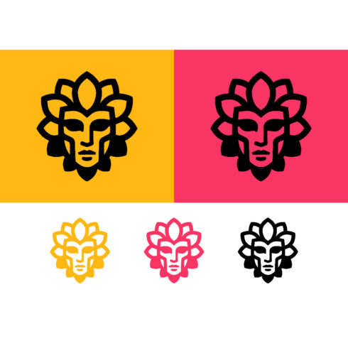 Medusa face with floral headdress for logo cover image.