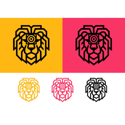 Lion head logo design with target on yellow cover image.