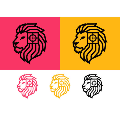 Lion head logo design with target on pink cover image.
