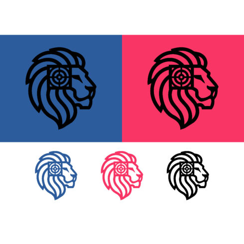 Stylized lion head profile logo with target cover image.