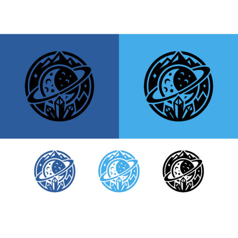 Circular space emblem with moon, planets, and crystals cover image.