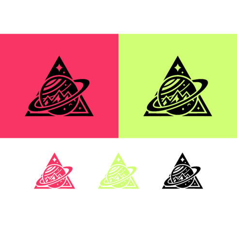 Triangle planet and mountains emblem logo design cover image.