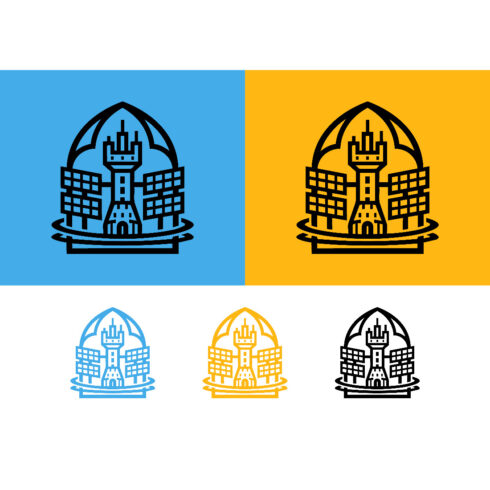 Building with solar panels abstract emblem cover image.