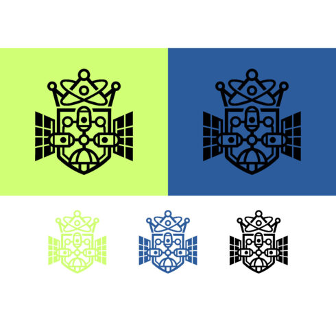 Space satellite emblem and crown logo on color cover image.