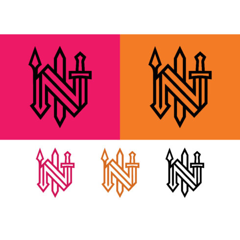 Letter N monogram with swords and trident on pink background cover image.