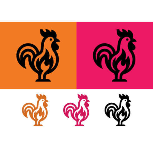 Rooster logo with flame elements for branding cover image.