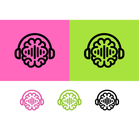 Brain with headphones logo design for audio cover image.