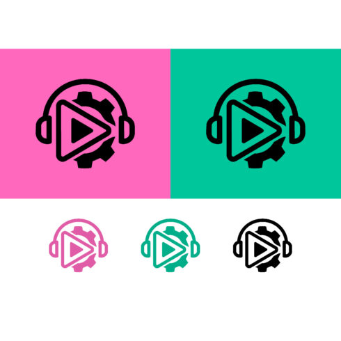 Play button gear headphones logo design media cover image.