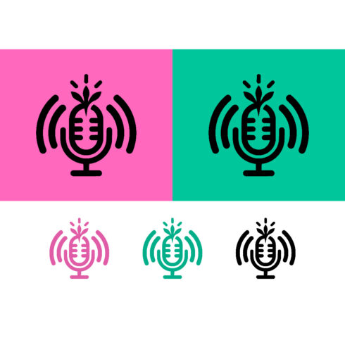 Microphone logo in pink and green backgrounds cover image.