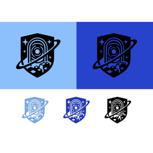 Space portal logo design blue and black shield cover image.